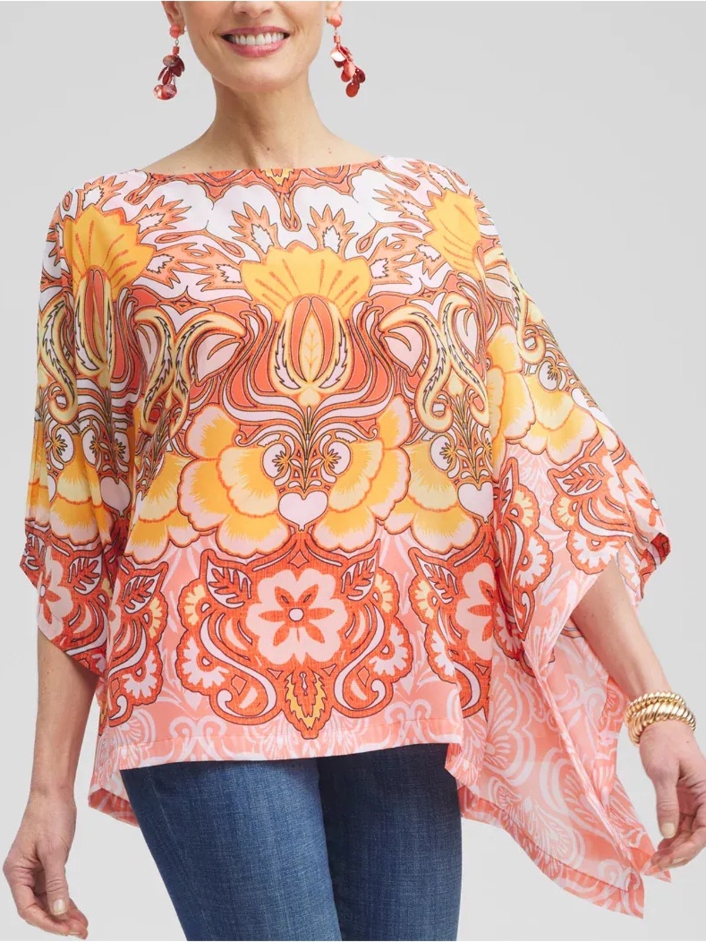 Chicos Women S/M Orange Boho Sheer Lightweight Chiffon Paisley Poncho Blouse